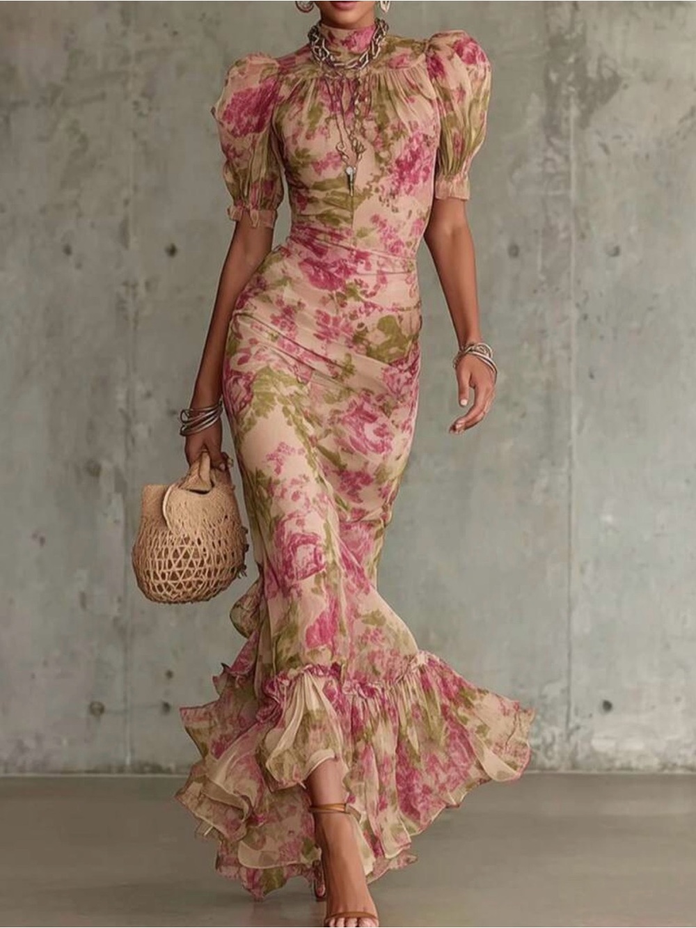 SHEIN Pink & Green Floral Puff-Sleeve Ruffle Maxi Dress